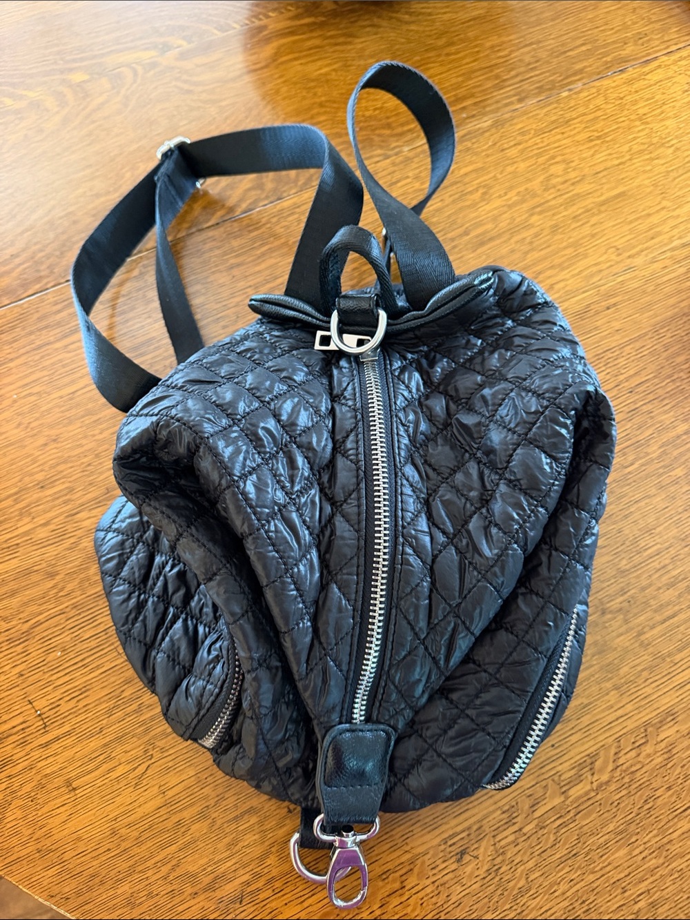 Clarks Quilted Black Backpack with Silver Zippers
